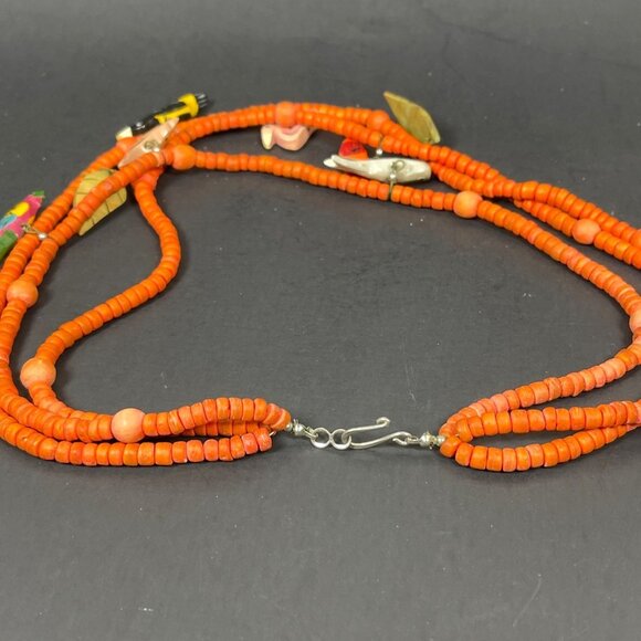 Retro Boho Chic Necklace Orange Wood Beaded Carved Tropical Parrot Bird Vintage - Picture 9 of 12